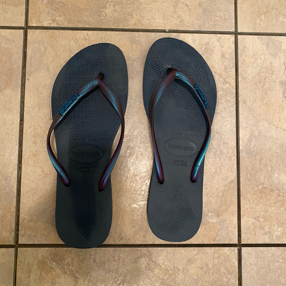 Blue iridescent flip flops